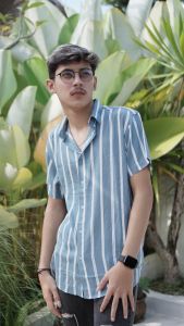 EUVERSE Kemeja Rayon Oversize Lengan Pendek Motif Garis Blue White Pria Wanita Viscose