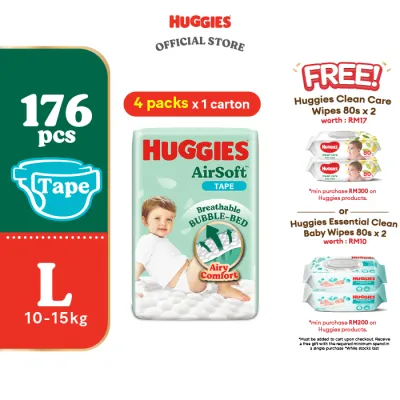 HUGGIES AirSoft Tape Diapers M52/L44/XL38 (4 packs) - Breathable and soft diapers for baby