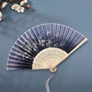 Quạt Tay Xếp Nhật Bản Hoa Anh Đào Cổ Trang Nan Tre Khắc Laser Vải Lụa Cosplay Decor