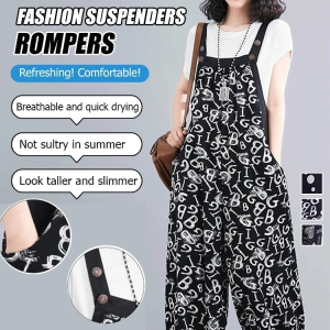 Stylish Suspenders Casual Printed Loose Slimming Nine-Point Jumpsuit Large Size Long Suspender Sleeveless Summer Onepiece Pants Set