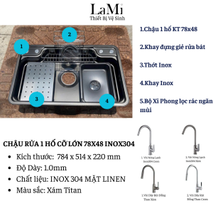 Chậu Rửa Chén Cao Cấp Lami Bồn Rửa Bát 1 Hố Inox 304 Mạ Crom Kiểu Dáng Nhật Bản Sang Trọng