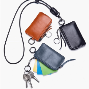 SINGLE PU Hanging Neck Wallets Retro Soft Card Holder Change Purse with Keychain Lanyard Mens Money Pouch Gift