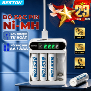 Bộ Sạc 4 pin AA AAA Beston C9023Lcó tính năng sạc nhanhtự ngắt khi đầy đèn báo thông minh dùng cho micro remote