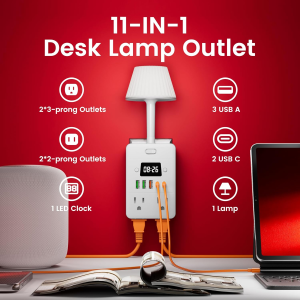 CHIEFWAY 11-IN-1 Power Strip with Digital Clock & Night Light - 4 AC Outlets & 5 Fast Charging USB Ports(including 2 Type C) Surge Protection Socket Extender for HomeBedside