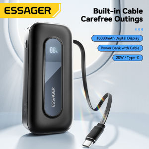 Essager 10000mAh Power Banks With Type C Retractable Cable Portable Digital Display Fast Charging 10000mAh Power Banks For iPhone16 15 Huawei Mate XT Xiaomi Samsung Tablet iWatch Earphone Mobile Phone Fast Charger Built-in Type C Cable Power Bank