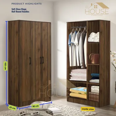 MYHOUSE Rak Baju Murah 2 Door Wardrobe Cabinet Cupboard Clothes Almari Baju Kayu 2 Pintu with Hanging Rod Walnut Color Perabot Bilik Tidur Bedroom Furniture Set 3 door wardrobe clothe with soft close hinge