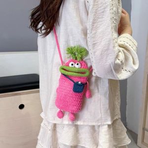 FEELDG Đan móc Túi đeo chéo nhỏ Miệng Lớn Làm thủ công Ví đựng tiền xu đeo vai Độc đáo Móc len Túi đựng điện thoại Phụ nữ Trẻ em