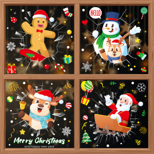 COMBO-Decal trang trí NOEL HÍT TĨNH ĐIỆN -Ông già noel trượt ván cùng các bạn nhỏ đón lễ sau tảng băng (4 tấm)-CDN130