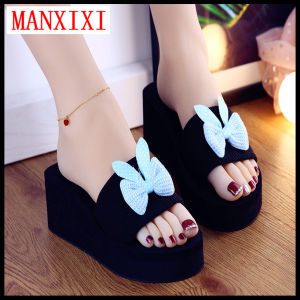MANXIXI Brand Fashion Beautiful 2.36 Inches Wedge Sandals Cute Bow Rubber Sole Sturdy Slippers For Women (Size 34-39)