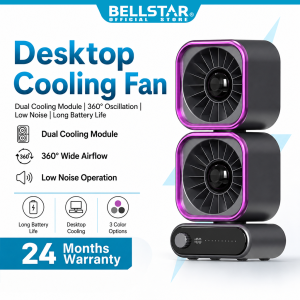 BELLSTAR Portable Desk Fan Dual Cooling Module 360° Oscillation Strong Wind Low Noise LED Display Adjustable