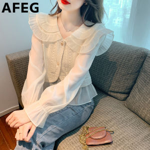 AFEG Korean version doll collar fashion loose temperament chiffon stitching long sleeve blouse for women