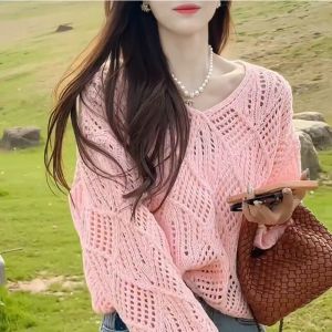 Wanita Merajut Lengan Panjang Sweter Pendek Atas Seksi Kosong Desain