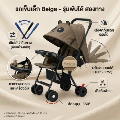 Beige รถเข็นเด็ก รถเข็นเด็กพับได้ 0-5 ปี พกพาสะดวก โช๊คอัพ ล้อ พร้อมเบรก 3ระดับ(นั่ง/เอน/นอน)