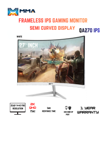 MMA 27`Inch  SEMI CURVED IPS frameless Gaming Monitor WHITE 75HZ 2K QHD Desktop or Laptop