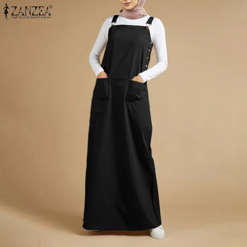 ZANZEA Muslimah Women Muslim Raya Clothes Strappy Sleeveless Solid Maxi  Long Dungaree Dresses Korean Style Sleeveless Dress Square Neck Kaftans  Dress Green Black Beige Maxi Dress - Lazada | Lazada