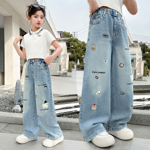 กางเกงยีนส์เด็กผู้หญิง กางเกงเด็ก เด็กผู้หญิง เอวสูง ทรงหลวม ผ้าเทนเซล การ์ตูนสุนัขเย็บปักถักร้อย 7-15 ปี