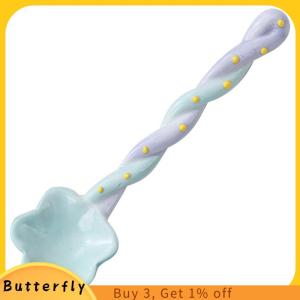 Butterfly ช้อนเซรามิกด้ามยาว1ชิ้นช้อนไอศครีมน่ารักวาดด้วยมือช้อนขนมหวานด้ามยาวอุปกรณ์บนโต๊ะอาหาร