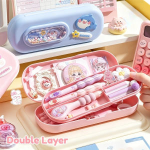 Pencil Case Storage Box Double Layer Large Capacity Plastic Cartoon School Supplies Desk Organizer Kids