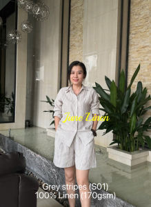 JUNE LINEN-Set bộ nữ 100% LINEN sọc áo sơ mi mix quần đùi ống rộng lưng thun. Form rộng.