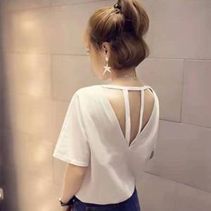 SSeE U Women Korean Style Women Cotton T Shirt Backless White Top Women Short Sleeve O-neck Slim Casual Tops Tees Girl Tshirts