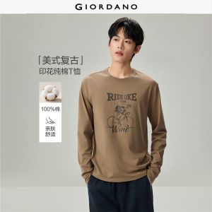Giordano Beau Monde Men Retro vehicle print long sleeve cotton tee Free Shipping 13096792