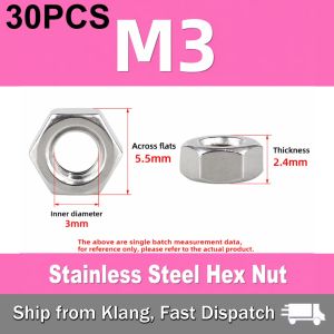 【READY STOCK】30PCS 304 Stainless Steel  Nylon Lock Nut/Vibration-Resistant/Insert/Bolt Screw Cap/Hexagonal Nut DIN934