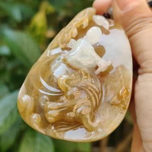 Rare Brown and White Natural Type A Jadeite Pendant carved with Laozi riding the cow with Yin and Yang certificate included we ighs 68.76 grams 69.10 * 48.70 * 17.20 mm the collectors edition or daily wear (pendant94)