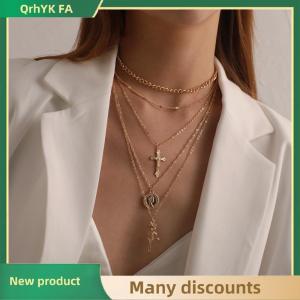 🔔🔔🔔QA Fashion Multiple Layers Rose Cross Necklaces For Women Charm Chokers Necklace Boho Collares Female Jewelry