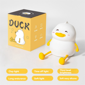 Cute Duck LED Night Light Cartoon Silicone Sleep Light USB Rechargeable Touch Sensor Timer Three Levels Brightness Patting Night Light Bedroom Bedlight Childrens Gift