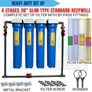 4 Stage 20" Slim Type Deepwell Water Filtration System Blue Housing Whole House with UPVC By-Pass Fittings