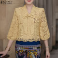 ZANZEA Korean Style Women Trendy Bowknot Lace Patchwork Blouses 3/4 Sleeve V-Neck Plain OL Top #0922. 