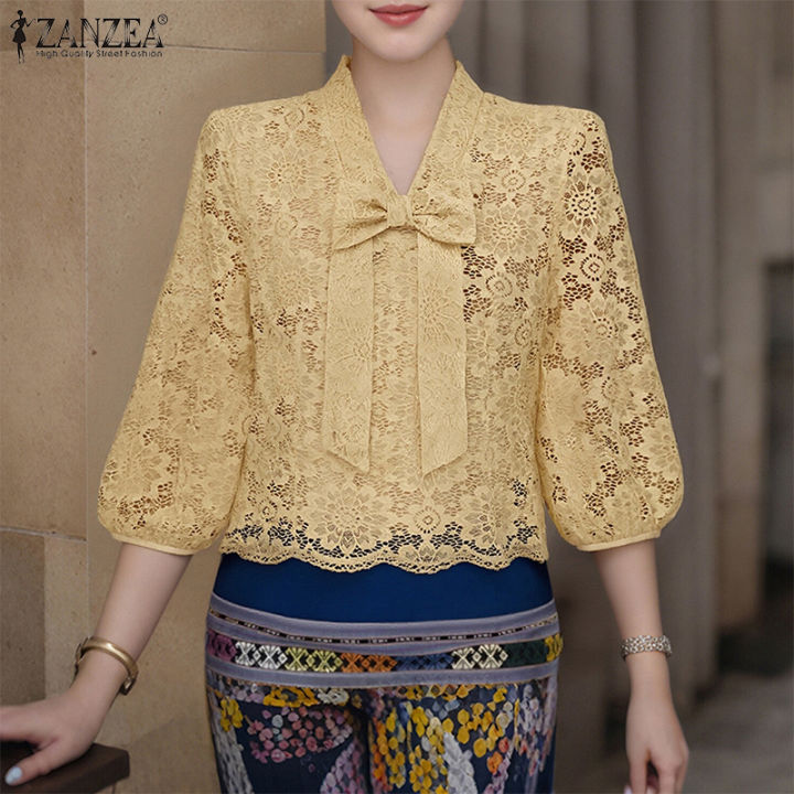ZANZEA%20Korean%20Style%20Women%20Trendy%20Bowknot%20Lace%20Patchwork%20Blouses%203/4%20Sleeve%20V-Neck%20Plain%20OL%20Top%20#0922%20-%20Image%202