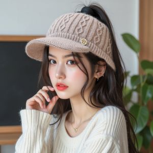OURTOUR Trên cùng trống rỗng Mũ lưỡi vịt Lớp lót mềm mại Lót ấm Mũ bóng chày Đa năng Vải len Mũ buộc tóc đuôi ngựa Mùa Thu và Mùa Đông