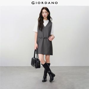 GIORDANO Women Dresses V-Neck Belted Waist Suit Dresses Sleeveless Elegant Fashionable Casual Vest Mini Dresses 18466620