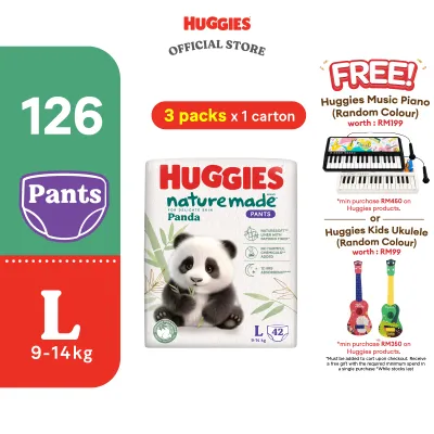Huggies Naturemade Panda Pants Diapers M56 / L42 / XL36 / XXL24 (3 Packs) - Super Premium Baby Diaper with Bamboo Fiber
