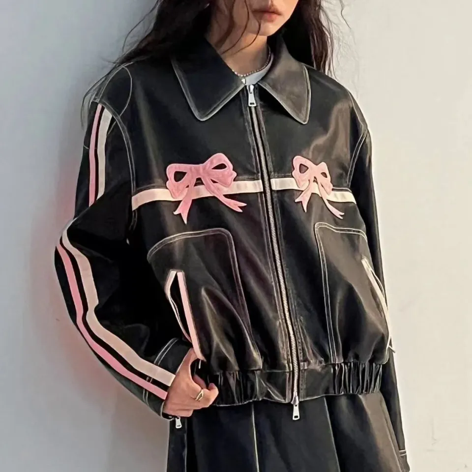 Bow design leather jackets er women hip hop racing Korean fashion 