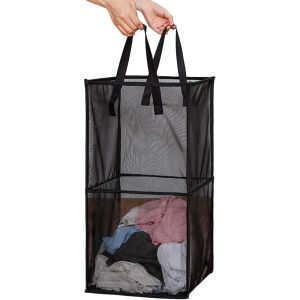 Foldable Laundry Basket with Handles， Double-Layer Mesh Storage Bag for Travel/Dorm & Home Use