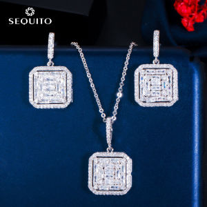 SEQUITO Lady Delicate Jewellery Set Party Arab Gold Plated Zirconia Hollow Square Drop Earrings Necklace Birthday Gift SJ190