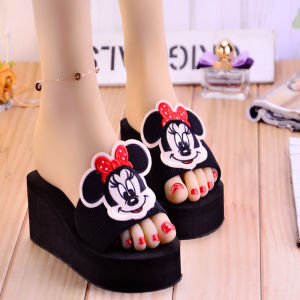 CXL Beautiful Flat Slippers 2.36 Inches Wedge Sandals Anime Mouse Inlay Rubber Sole Sturdy Shoes for Women (34-39 Size)