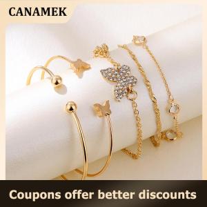 【 CANAMEK 】 5PC New Bohemian Elegance Open Bracelets Rhinestone Butterfly Bracelet Girl Gift