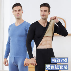 Mens thermal underwear two-color velvet thick primer suit autumn and winter polished slim-fitting V-neck locked edge long johns cold-resistant warm clothes