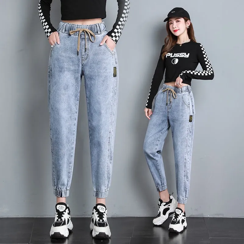 Korean Style High Waist Harem Jeans Women Slim Fit Denim Jogger