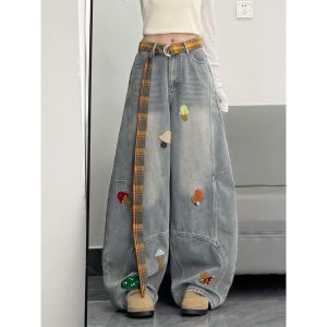 กางเกงยีนส์ขากว้างขากว้างของผู้หญิง ฤดูใบไม้ร่วงกางเกงทรงหลวมสไตล์อเมริกัน