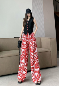 Plus Size RED Wide Leg Pants Contrast Print Pattern Fashionable Trendy Versatile WomenS Elastic Waist Casual Trousers