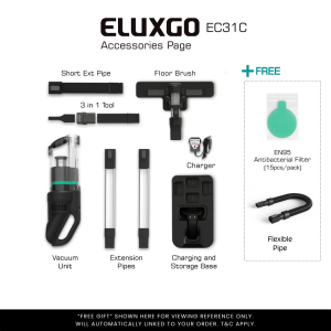 ELUXGO EC31 PRO / EC31C Cordless Stick Vacuum Cleaner with SAMSUNG Battery 60-Min Run Time 3-in-1 Multi-Tool and Antibacterial Filter - High-Quality