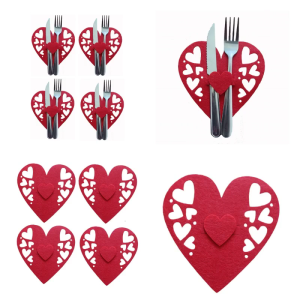 4 Pieces Beautiful Heart Pattern Cutlery Bag Set Tableware Holder Pocket Knife Fork Bag for Couples and Memorable Meals