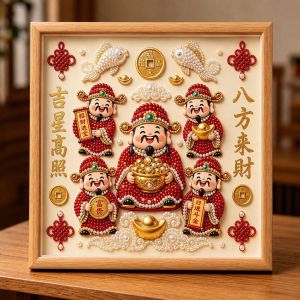 Five Gods of Wealth DIY Pearl Art Kit with Frame | Lucky Fortune Bead Painting Chinese New Year Home Decoration Gift