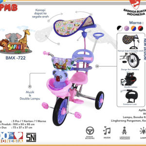 Sepeda Roda Tiga BMX 722 Safari Baby Stroller Sepeda Sepeda Anak Nekel New dorongan jagaan pengaman kanopi Safari Nikel Stainless Music