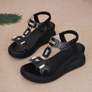[Free Shipping] Trendy Metal Square Buckle Wedge Heel Platform Sandals For Women 2026 Summer New Collection Plus-Size WomenS Shoes