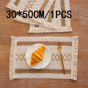 30*50cm Hemp Rope Rattan Placemat Holiday Placemat Woven Color Matching Stripes Fringed Bowl Mat for Dining Table
